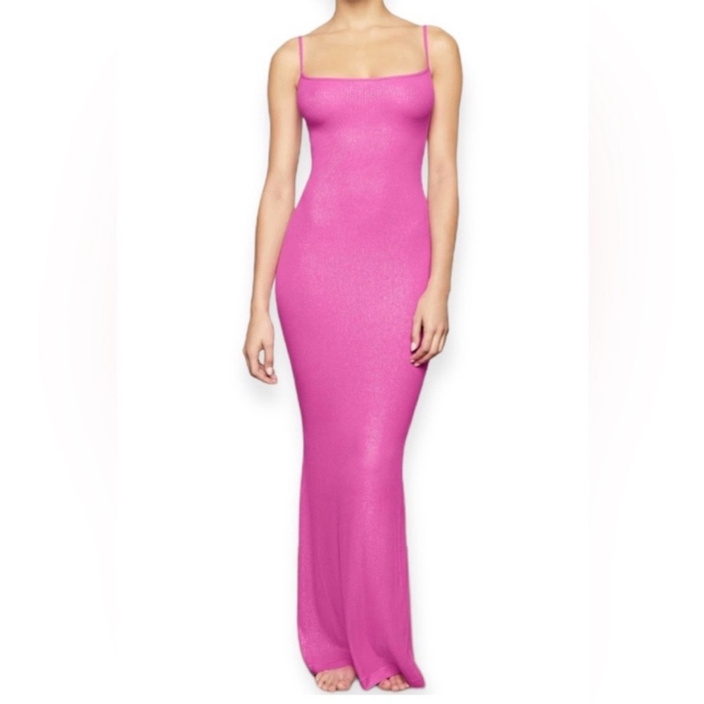 SKIMS Soft Lounge Shimmer Long Slip Dress in Fuchsia